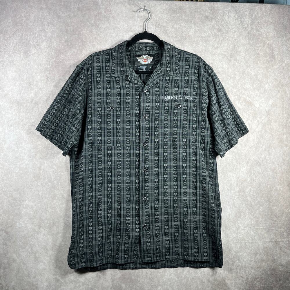 Harley Davidson‎ Shirt Mens Medium Black Logo Button Up Short Sleeves Biker